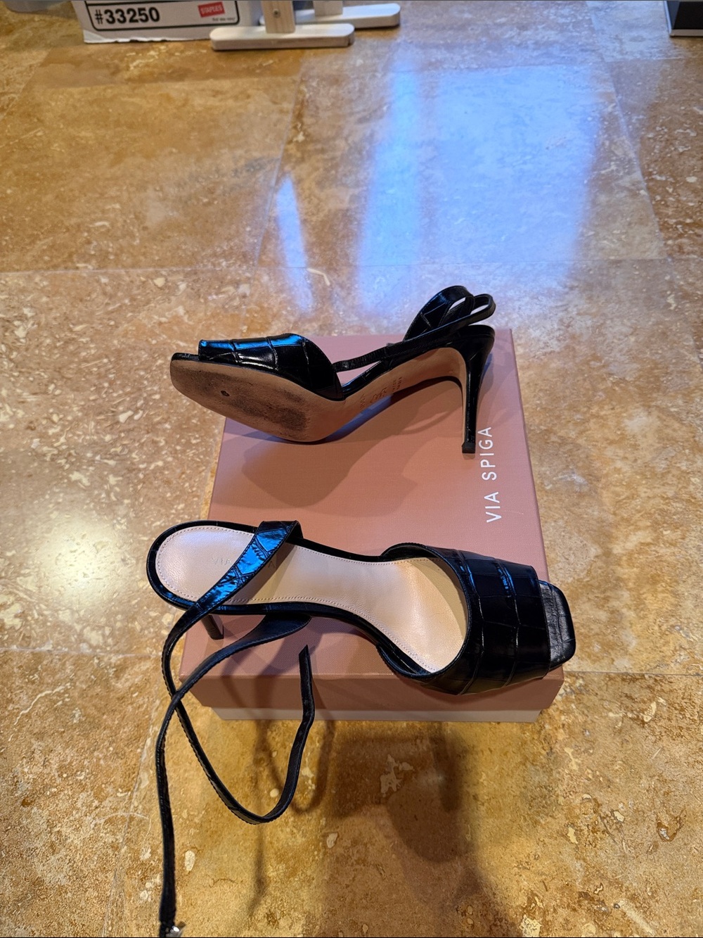 Via Spiga Black Croc-Embossed Patent Stiletto Sandals with Ankle Wrap